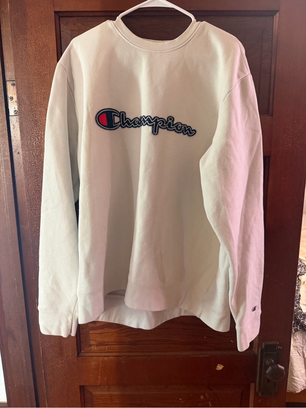 Champion Ivory Pullover Sweatshirt with Navy & Red Logo